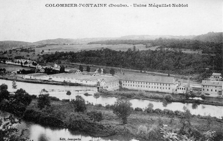 Colombier-Fontaine (Doubs). Usine Méquillet-Noblot. Carte postale, Jeanperrin édit., s.n., s.d. [fin 19e ou début 20e siècle]. © Raphaël  Favereaux (reproduction) / Région Bourgogne-Franche-Comté, Inventaire du patrimoine - 2012