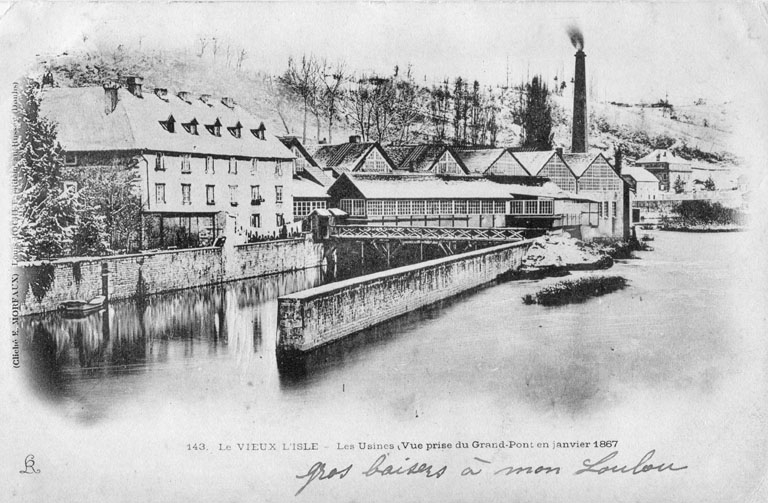 Le Vieux L'Isle. Les usines - Vue prise du Grand Pont en janvier 1867, carte postale. © Raphaël  Favereaux (reproduction) / Région Bourgogne-Franche-Comté, Inventaire du patrimoine - 2012