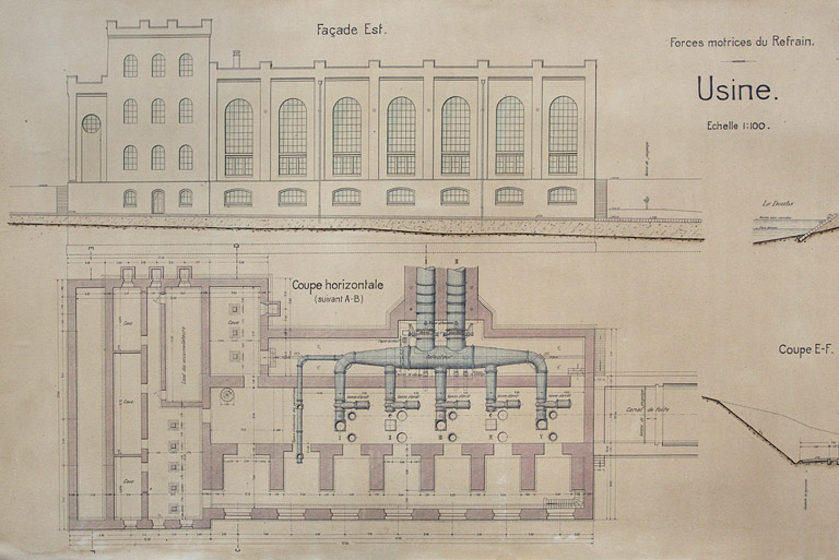 Forces motrices du Refrain. Usine [détail : plan du soubassement et élévation orientale], 1908 © Yves Sancey / Région Bourgogne-Franche-Comté, Inventaire du patrimoine - 2012