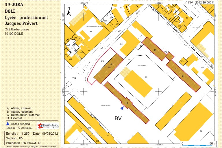 Plan-masse et de situation. Extrait du plan cadastral numérisé, section BV, échelle 1:1250. © André Céréza / Région Bourgogne-Franche-Comté, Inventaire du patrimoine - 2012