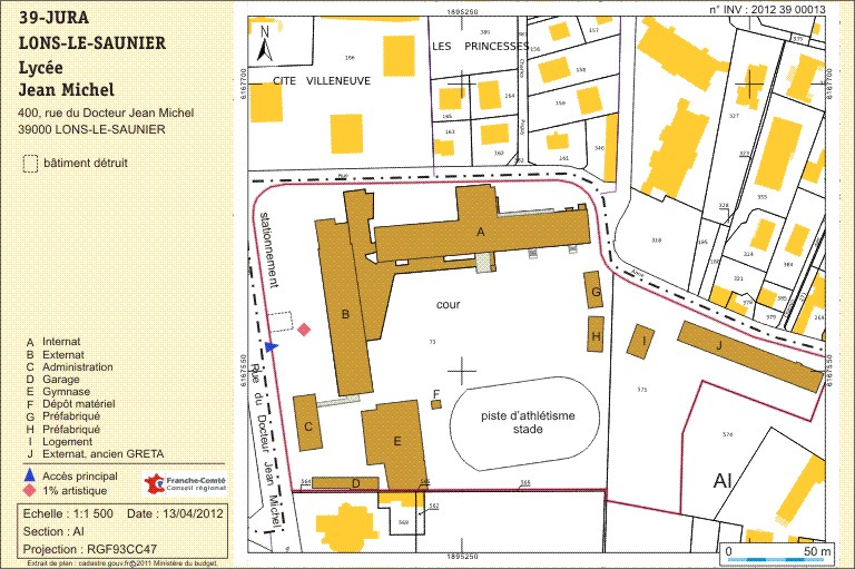 Plan-masse et de situation. Extrait du plan cadastral numérisé, 2011, section AI, échelle 1/1 500. © André Céréza / Région Bourgogne-Franche-Comté, Inventaire du patrimoine - 2012