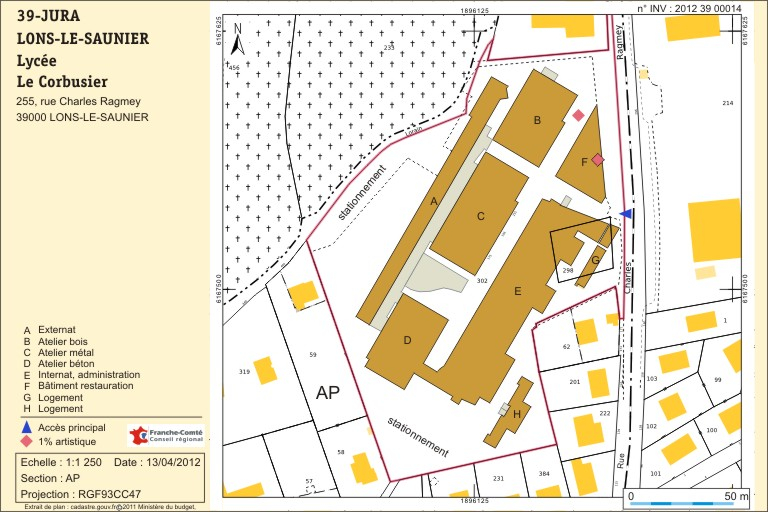 Plan-masse et de situation. Extrait du plan cadastral numérisé 2012, section AP, échelle 1/1 250. © André Céréza / Région Bourgogne-Franche-Comté, Inventaire du patrimoine - 2012 Plan-masse et de situation. Extrait du plan cadastral numérisé 2012, section AP, échelle 1/1 250. © André Céréza / Région Bourgogne-Franche-Comté, Inventaire du patrimoine - 2012