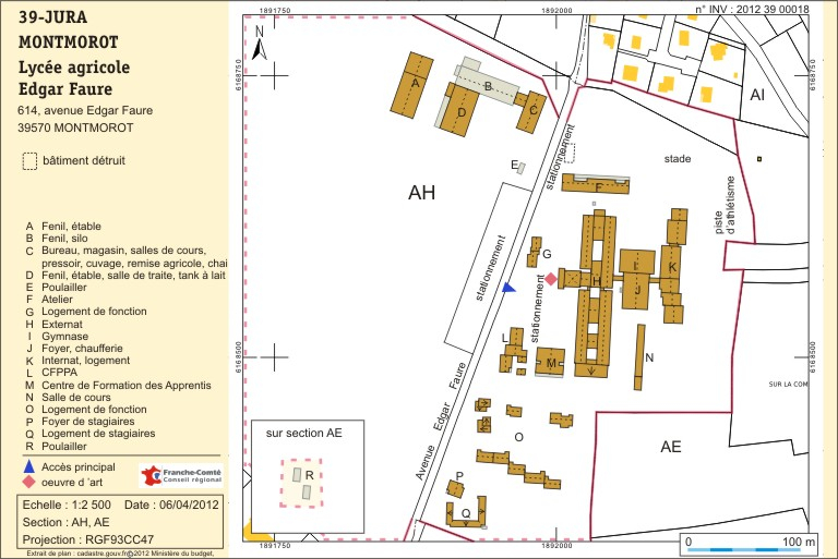 Plan-masse et de situation. Extrait du plan cadastral numérisé, sections AH et AE, échelle 1:2500. © André Céréza / Région Bourgogne-Franche-Comté, Inventaire du patrimoine - 2012
