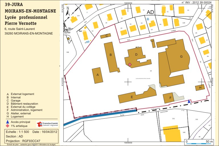 Plan-masse et de sitauation. Extrait du plan cadastral numérisé 2011, section AD, échelle 1 /1500. © André Céréza / Région Bourgogne-Franche-Comté, Inventaire du patrimoine - 2012