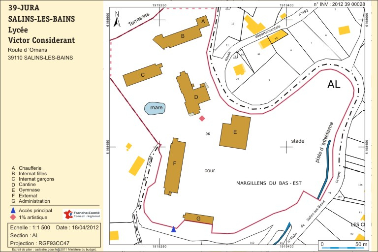 Plan-masse et de situation. Extrait du plan cadastral numérisé, section AL, échelle 1:1500. © André Céréza / Région Bourgogne-Franche-Comté, Inventaire du patrimoine - 2012