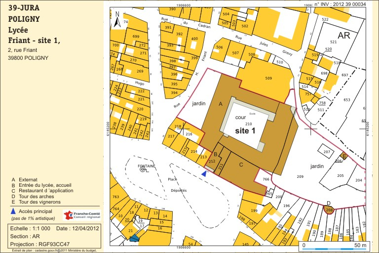 Plan-masse et de situation. Extrait du plan cadastral numérisé , 2012, section  AR , échelle 1 / 1 000. © André Céréza / Région Bourgogne-Franche-Comté, Inventaire du patrimoine - 2012 Plan-masse et de situation. Extrait du plan cadastral numérisé , 2012, section  AR , échelle 1 / 1 000. © André Céréza / Région Bourgogne-Franche-Comté, Inventaire du patrimoine - 2012