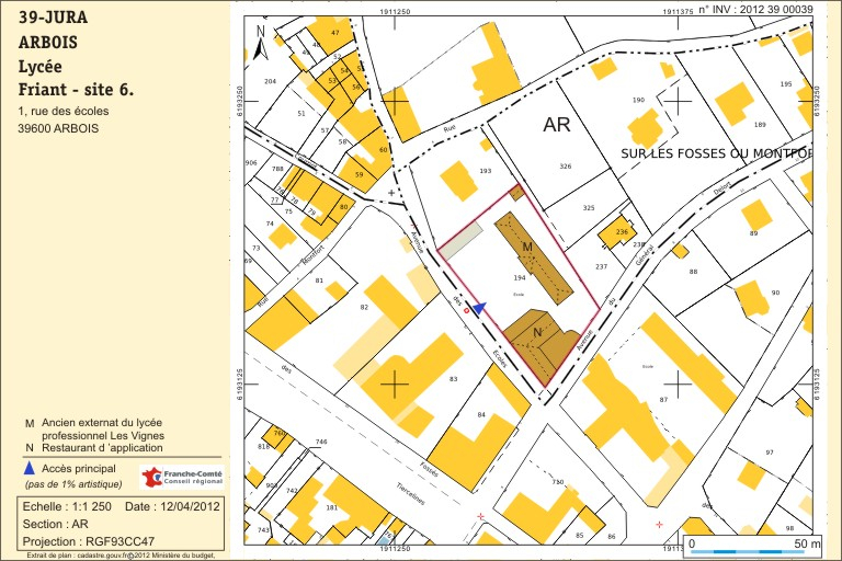 Plan-masse et de siuation. Extrait du plan cadastral numérisé, 2012 ,section AR, échelle 1 /1 250. © André Céréza / Région Bourgogne-Franche-Comté, Inventaire du patrimoine - 2012