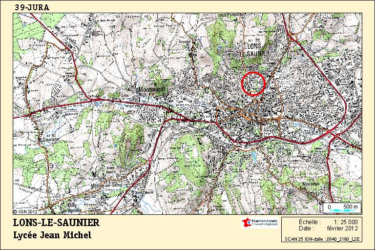 Carte de localisation du lycée Jean Michel. Carte topographique, IGN, 2012, dalle 0840-2190-L2E, échelle 1:25 000.  © André Céréza / Région Bourgogne-Franche-Comté, Inventaire du patrimoine - 2012