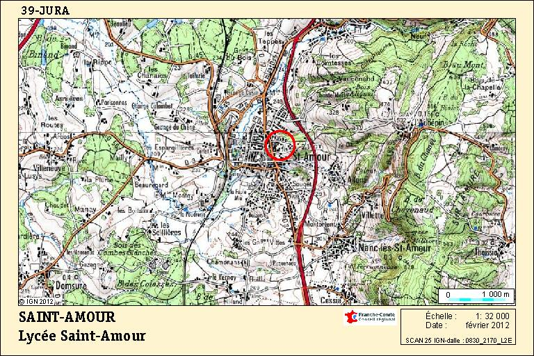 Carte de localisation du lycée Fillod. Carte topographique, IGN, 2012, dalle 0830-2170-L2E, échelle 1:32 000. © André Céréza / Région Bourgogne-Franche-Comté, Inventaire du patrimoine - 2012