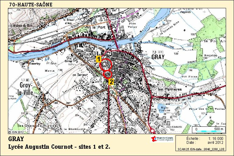 Carte de localisation des deux sites du lycée Cournot. Carte topographique, IGN, 2012, dalle 0840-2280-L2E, échelle 1:16 000.   © André Céréza / Région Bourgogne-Franche-Comté, Inventaire du patrimoine - 2012