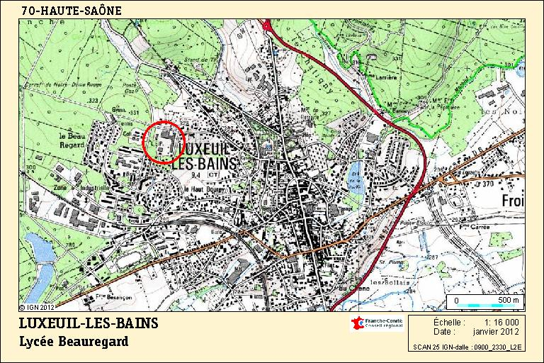 Carte de localisation du lycée Beauregard. Carte topographique, IGN, 2012, dalle 0900-2330-L2E, échelle 1:16 000. © André Céréza / Région Bourgogne-Franche-Comté, Inventaire du patrimoine - 2012