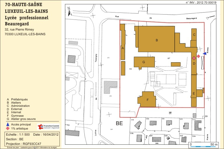 Plan-masse et de situation. Extrait du cadastre numérisé, 2011, section BE , échelle 1/ 1 500. © André Céréza / Région Bourgogne-Franche-Comté, Inventaire du patrimoine - 2012