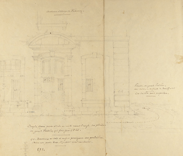 Ancienne abbaye de Faverney. Croquis d'une porte située au midi avant l'angle des pilastres du Grand Pavillon qui fait face à l'Est, [1898]. © Mary Ruffinoni / Région Bourgogne-Franche-Comté, Inventaire du patrimoine - 2012