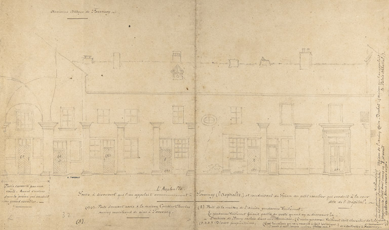 Ancienne abbaye de Faverney [...] Partie à découvert que l'on appelait communément à Faverney l'Asphallte et [qui] conduisait du Préau au Petit escalier qui conduit à la cour dite de l'hôpital, [1898]. © Mary Ruffinoni / Région Bourgogne-Franche-Comté, Inventaire du patrimoine - 2012