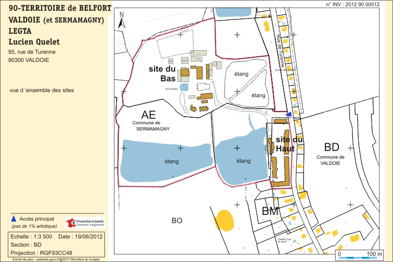Plan-masse et de situation de l'ensemble. Extrait du plan cadastral numérisé, section BD, échelle 1:3500. © André Céréza / Région Bourgogne-Franche-Comté, Inventaire du patrimoine - 2012