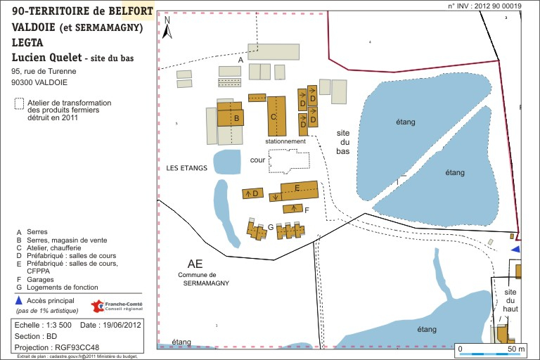 Site du bas : plan-masse. Extrait du plan cadastral numérisé, 2012, section AD, échelle 1:1500. © André Céréza / Région Bourgogne-Franche-Comté, Inventaire du patrimoine - 2012