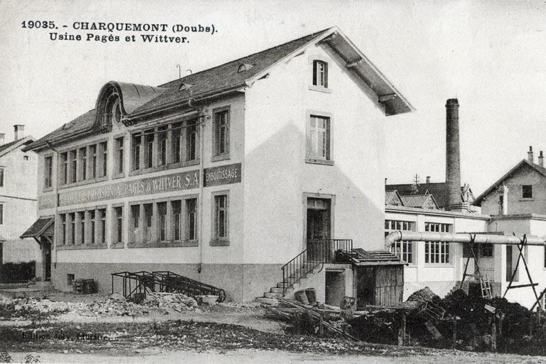 1935. - Charquemont (Doubs). Usine Pagès et Wittver, entre 1922 et 1935. © Laurent Poupard / Région Bourgogne-Franche-Comté, Inventaire du patrimoine - 2013 1935. - Charquemont (Doubs). Usine Pagès et Wittver, entre 1922 et 1935. © Laurent Poupard / Région Bourgogne-Franche-Comté, Inventaire du patrimoine - 2013