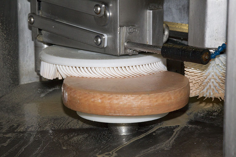 Fabrication du morbier : salage et brossage d'une meule (robot). © Yves Sancey / Région Bourgogne-Franche-Comté, Inventaire du patrimoine - 2013