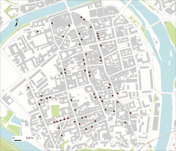 Carte de répartition des hôtels du XVIIIe siècle. Source : couche "patrimoine" du système d'information géographique de la ville. © Dominique Morin, Mathias Papigny / Région Bourgogne-Franche-Comté, Inventaire du patrimoine - 2013