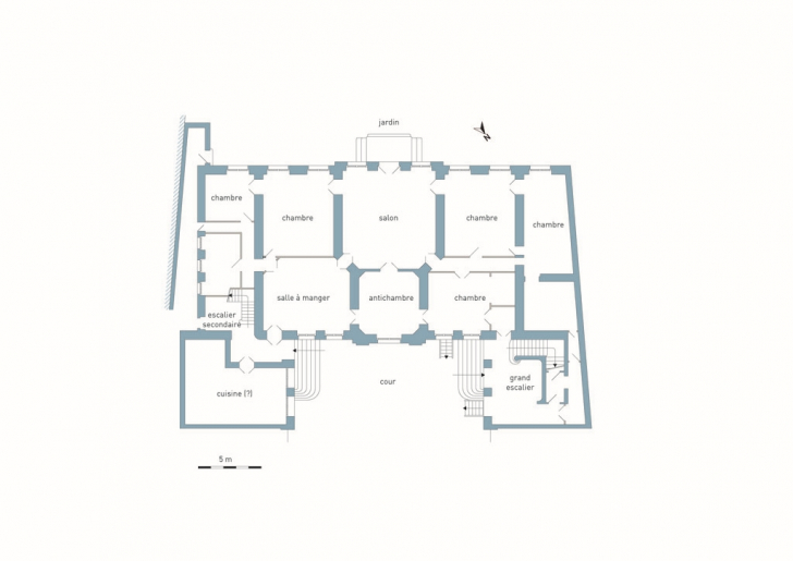 Plan du rez-de-chaussée, avec la restitution partielle de la distribution. © Mathias Papigny / Région Bourgogne-Franche-Comté, Inventaire du patrimoine - 2013