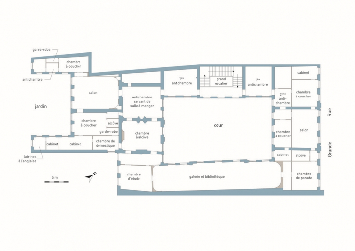 Restitution de la distribution du premier étage. D'après un plan des années 1770, par l'architecte Claude-Joseph-Alexandre Bertrand (coll. particulière). © Mathias Papigny / Région Bourgogne-Franche-Comté, Inventaire du patrimoine - 2013