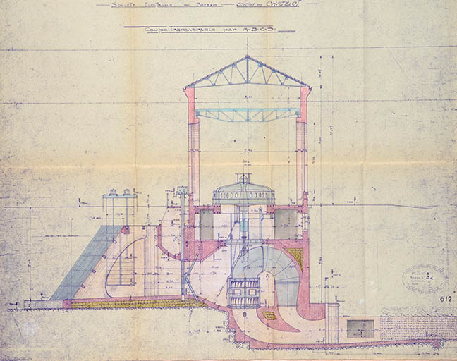 Société Electrique de Belchamp. Station du Chatelot. Coupe transversale de l’usine, pièce n°10, tirage, échelle 1/50, le 30/01/1934. © Jérôme Mongreville / Région Bourgogne-Franche-Comté, Inventaire du patrimoine - 2013 Société Electrique de Belchamp. Station du Chatelot. Coupe transversale de l’usine, pièce n°10, tirage, échelle 1/50, le 30/01/1934. © Jérôme Mongreville / Région Bourgogne-Franche-Comté, Inventaire du patrimoine - 2013