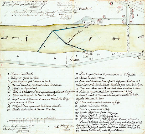 [Plan de situation des moulins], an XII. © Jérôme Mongreville / Région Bourgogne-Franche-Comté, Inventaire du patrimoine - 2013