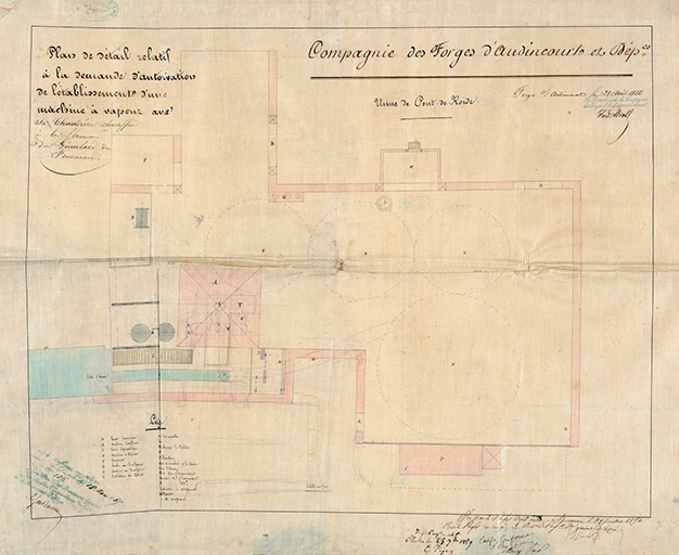 Usine de Pont-de-Roide. Plan de détail relatif à la demande d’autorisation de l’établissement d’une machine à vapeur […], toile, 1/100, Audincourt, le 28/04/1856. © Jérôme Mongreville / Région Bourgogne-Franche-Comté, Inventaire du patrimoine - 2013