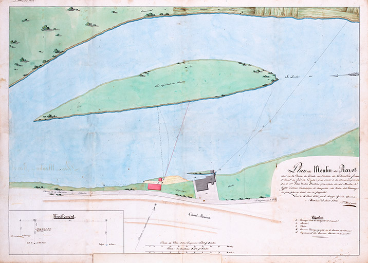 Plan du moulin dit Rayot à Bourlier Pierre Nicolas […], plume, lavis, par Morel-Macler, 1823 © Jérôme Mongreville / Région Bourgogne-Franche-Comté, Inventaire du patrimoine - 2013
