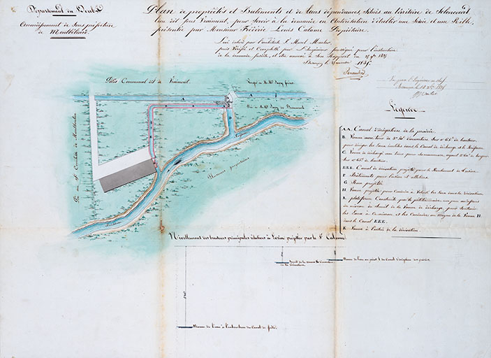 Plan de propriétés et bâtiments et de leurs dépendances […] pour servir à la demande en autorisation d’établir une scie et une ribbe,1835. © Jérôme Mongreville / Région Bourgogne-Franche-Comté, Inventaire du patrimoine - 2013