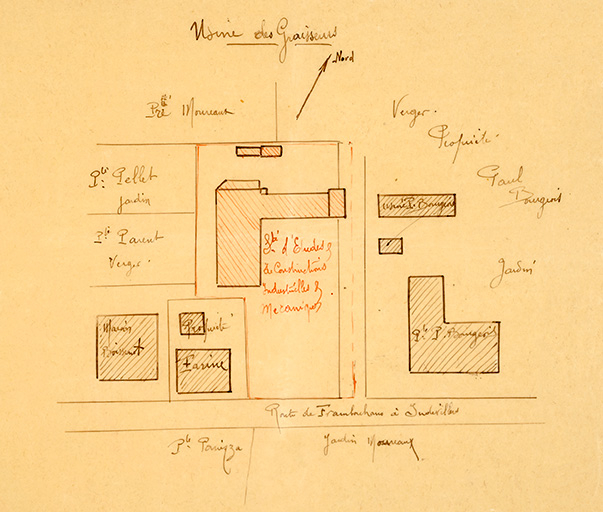 S[ocié]té d’Études et de Constructions Industrielles et Mécaniques à Damprichard (Doubs). Plan des environs des usines. Usine des graisseurs, [1927] © Jérôme Mongreville / Région Bourgogne-Franche-Comté, Inventaire du patrimoine - 2013