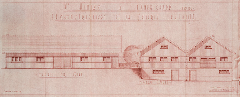 M Hintzi, sinistré à Damprichard – Doubs. Reconstruction de la scierie détruite. Façade sur quai [et] Pignon ouest, 18 février 1948 © Jérôme Mongreville / Région Bourgogne-Franche-Comté, Inventaire du patrimoine - 2013