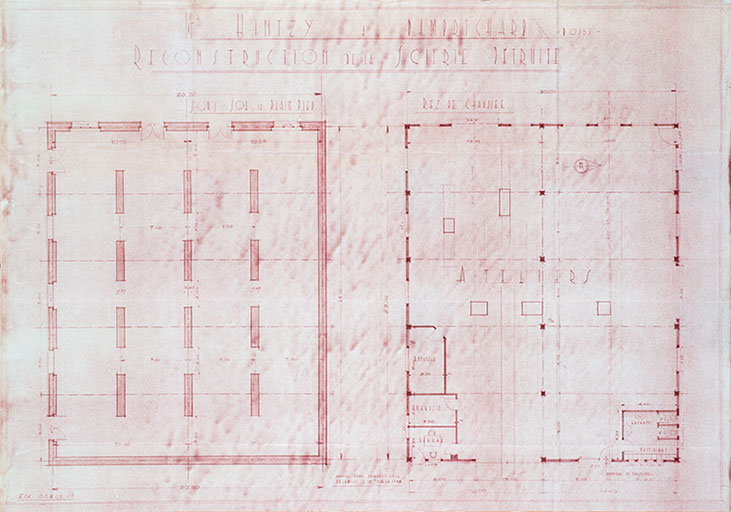M Hintzi, sinistré à Damprichard – Doubs. Reconstruction de la scierie détruite. Sous-sol de plain-pied [et] Rez de chaussée, 18 février 1948 © Jérôme Mongreville / Région Bourgogne-Franche-Comté, Inventaire du patrimoine - 2013