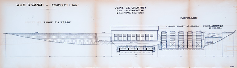 Aménagement du Doubs entre la frontière Suisse et Vaufrey […] Usine de Vaufrey. Vue d’aval, 1er septembre 1922 © Jérôme Mongreville / Région Bourgogne-Franche-Comté, Inventaire du patrimoine - 2013