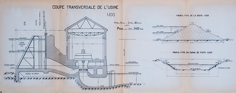 Aménagement du Doubs entre la frontière Suisse et Vaufrey […] Usine de Vaufrey. Coupes des principaux ouvrages [usine, digue et canal de fuite], 1er septembre 1922 © Jérôme Mongreville / Région Bourgogne-Franche-Comté, Inventaire du patrimoine - 2013