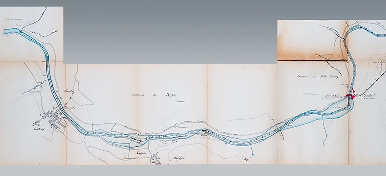 Forces motrices du Doubs. Usine Hydro-Électrique de Liebvillers. Plan sommaire des lieux et des ouvrages projetés [détail de la partie gauche : de Vaufrey à Grosbois], 1er novembre 1920 © Jérôme Mongreville / Région Bourgogne-Franche-Comté, Inventaire du patrimoine - 2013