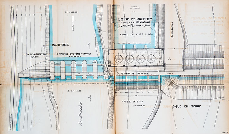Aménagement du Doubs entre la frontière Suisse et Vaufrey […] Usine de Vaufrey. Plan des ouvrages, 1er septembre 1922 © Jérôme Mongreville / Région Bourgogne-Franche-Comté, Inventaire du patrimoine - 2013