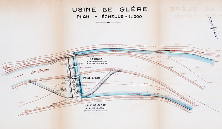 Aménagement du Doubs entre la frontière Suisse et Vaufrey […] Usine de Glère. Plan général, 1er septembre 1922 © Jérôme Mongreville / Région Bourgogne-Franche-Comté, Inventaire du patrimoine - 2013