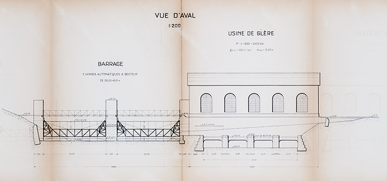 Aménagement du Doubs entre la frontière Suisse et Vaufrey […] Usine de Glère. Vue d’aval, 1er septembre 1922 © Jérôme Mongreville / Région Bourgogne-Franche-Comté, Inventaire du patrimoine - 2013