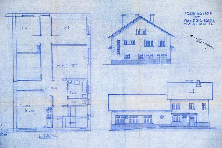 Fromagerie de Damprichard « la Seignotte » [plan de l'étage et élévations], [1966] © Jérôme Mongreville / Région Bourgogne-Franche-Comté, Inventaire du patrimoine - 2013