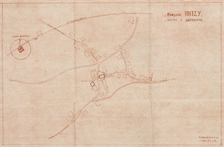 M Hintzi, sinistré à Damprichard [plan de situation], 31 août 1948 © Jérôme Mongreville / Région Bourgogne-Franche-Comté, Inventaire du patrimoine - 2013