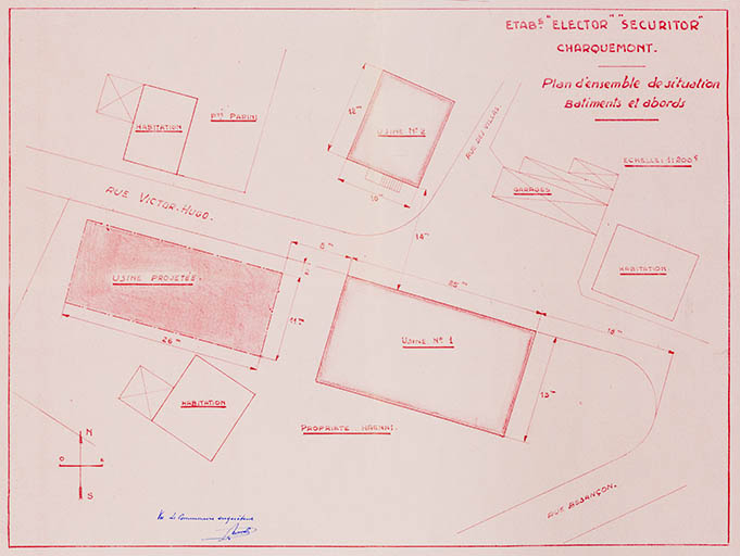 Etab[lissement]s " Elector " - " Securitor ". Plan d'ensemble de situation. Bâtiments et abords [projet d'extension], 1954 © Jérôme Mongreville / Région Bourgogne-Franche-Comté, Inventaire du patrimoine - 2013