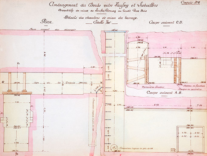 Aménagement du Doubs entre Vaufrey et Liebvillers. Dispositifs de mines de Soulce Cernay au lieu dit Gros Bois. Croquis n° 6. Détails des chambres de mines du barrage [plan et coupe], 1924 © Jérôme Mongreville / Région Bourgogne-Franche-Comté, Inventaire du patrimoine - 2013