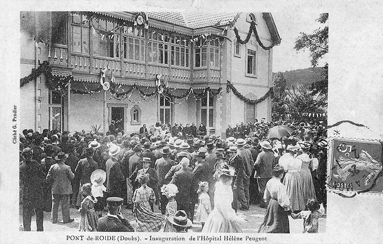 Pont-de-Roide (Doubs) - Inauguration de l'hôpital Hélène Peugeot. Carte postale, cliché G. Pradier, s.d. [1907] © Raphaël  Favereaux (reproduction) / Région Bourgogne-Franche-Comté, Inventaire du patrimoine - 2013