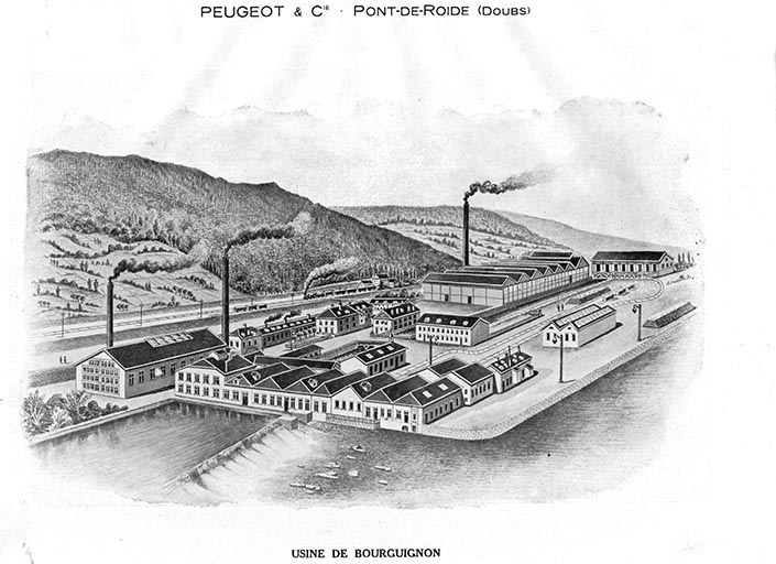 Vue cavalière de l'usine de Bourguignon. Gravure, s.n., s.d. [vers 1923]. © Raphaël  Favereaux (reproduction) / Région Bourgogne-Franche-Comté, Inventaire du patrimoine - 2013