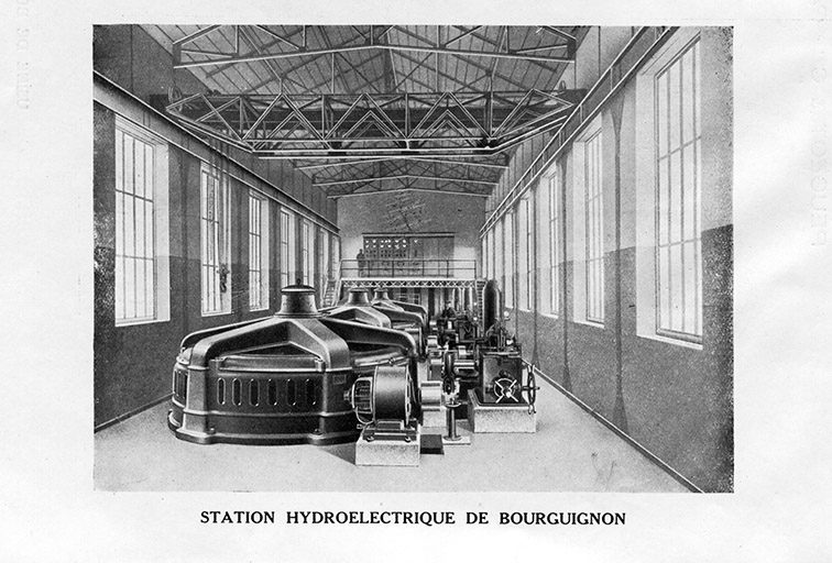 Station hydroélectrique de Bourguignon. Gravure, s.n., s.d. [vers 1923]. © Raphaël  Favereaux (reproduction) / Région Bourgogne-Franche-Comté, Inventaire du patrimoine - 2013