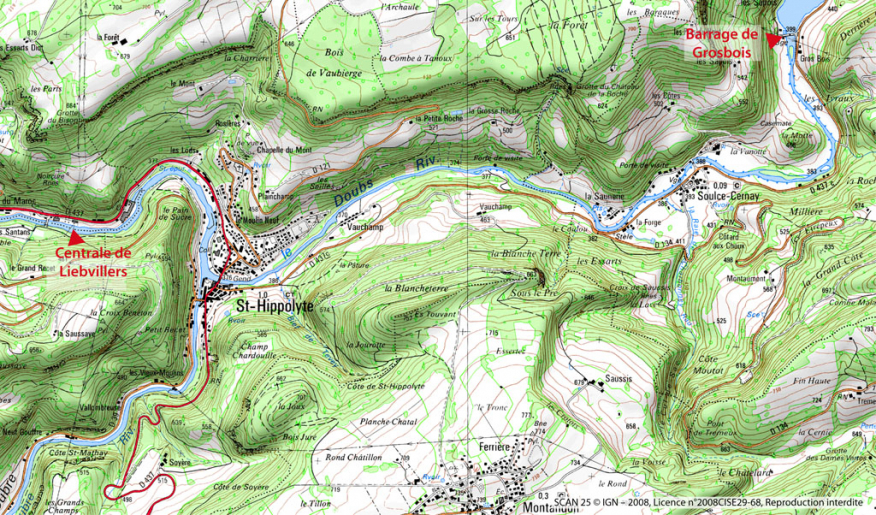 Localisation du barrage de Grosbois et de la centrale de Liebvillers, sur la carte IGN au 1/25 000. © Mathias Papigny / Région Bourgogne-Franche-Comté, Inventaire du patrimoine - 2013 Localisation du barrage de Grosbois et de la centrale de Liebvillers, sur la carte IGN au 1/25 000. © Mathias Papigny / Région Bourgogne-Franche-Comté, Inventaire du patrimoine - 2013