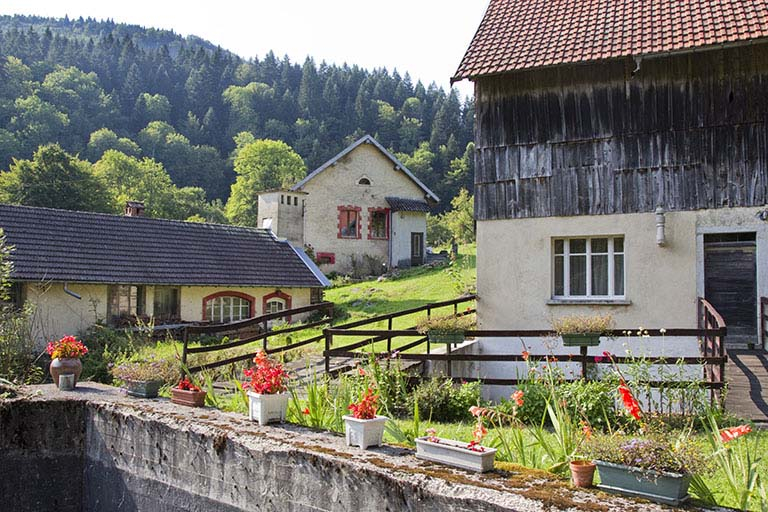 Scierie, façade postérieure : extrémité ouest et passerelles. A l'arrière-plan, centrale (à gauche) et logement d'ouvriers. © Yves Sancey / Région Bourgogne-Franche-Comté, Inventaire du patrimoine - 2013