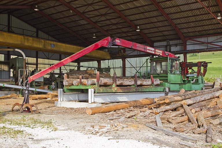 Parc aux grumes : scie sur chariot mobile Herkules. © Yves Sancey / Région Bourgogne-Franche-Comté, Inventaire du patrimoine - 2013