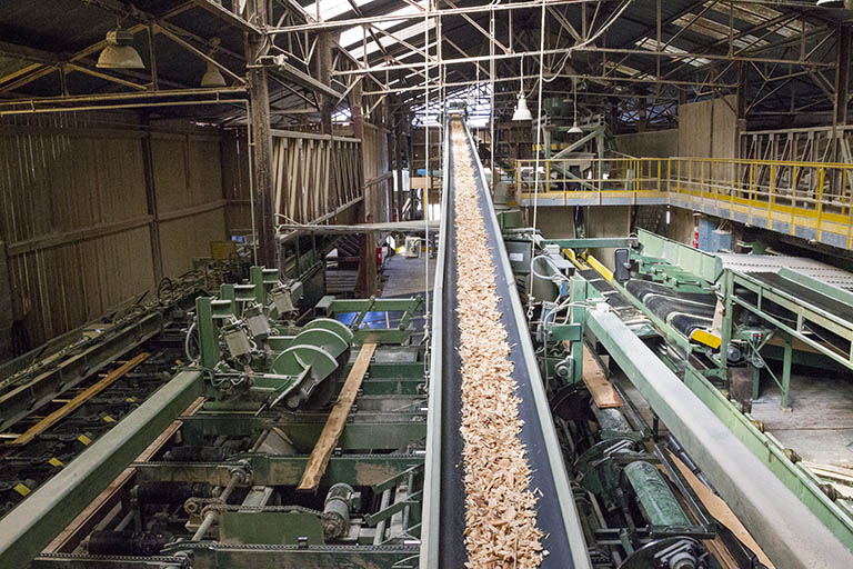 Ateliers de débitage (N et M) : machines de reprise et tapis roulant d'évacuation des sciures et des copeaux. © Yves Sancey / Région Bourgogne-Franche-Comté, Inventaire du patrimoine - 2013